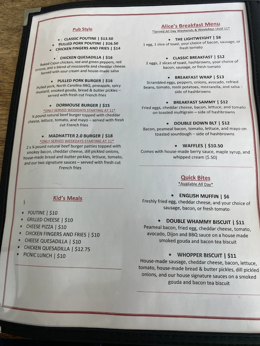 Menu, Alice's Village Cafe