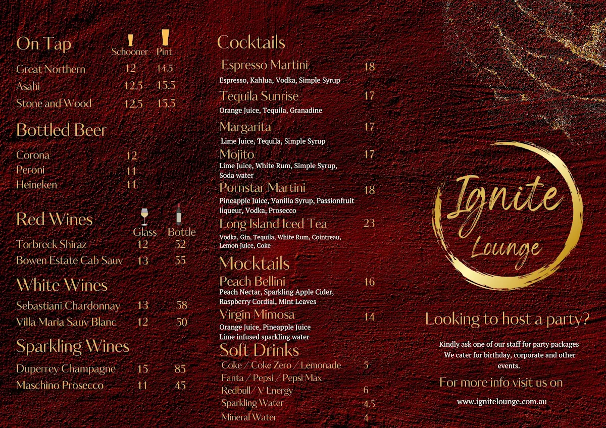 Menu, Ignite Lounge