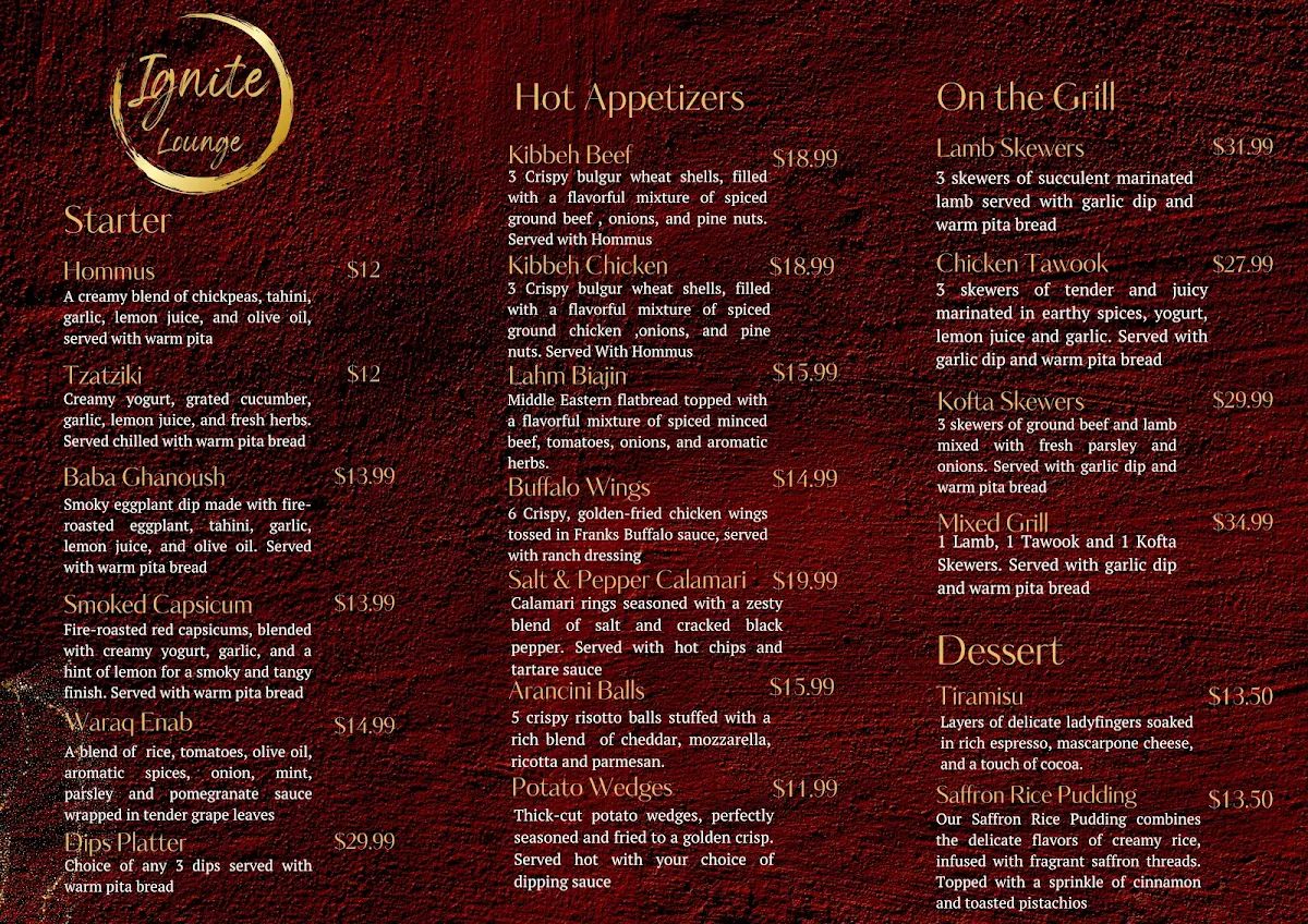 Menu, Ignite Lounge
