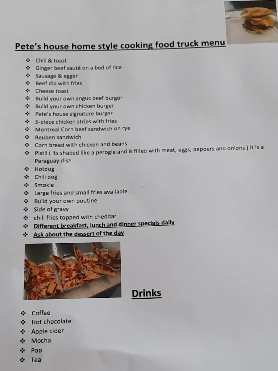 Menu, Pete's House Home Style Cooking