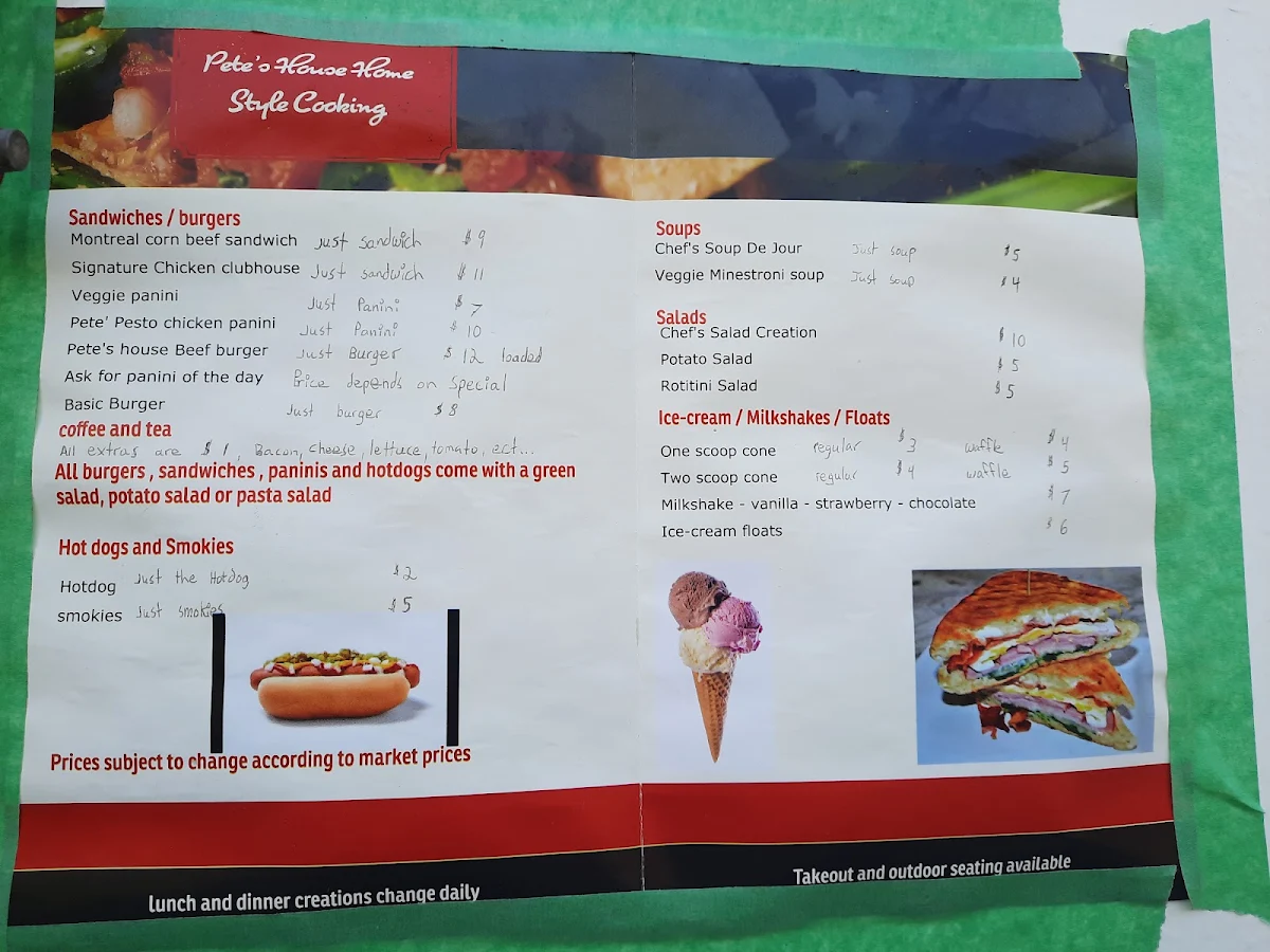 Menu, Pete's House Home Style Cooking