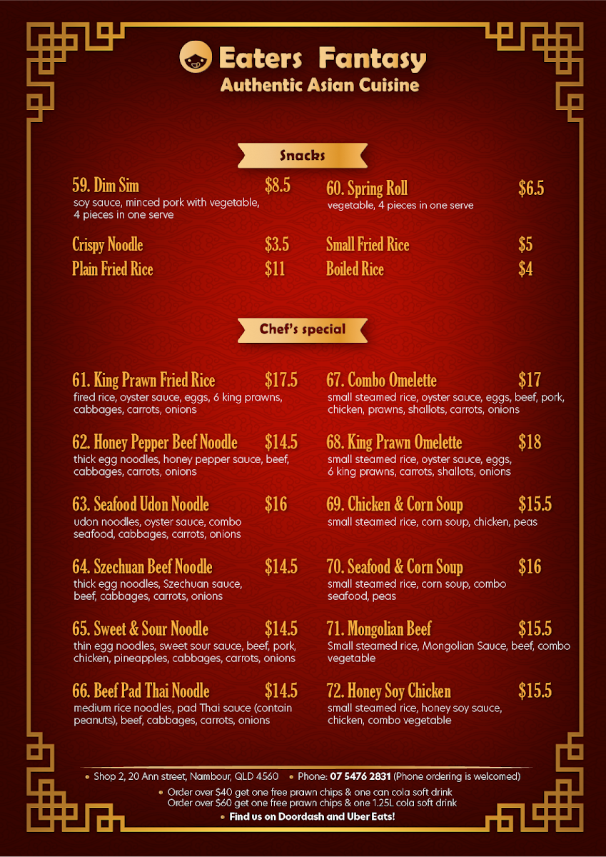 Menu, Eaters Fantasy Asian Food Restaurant