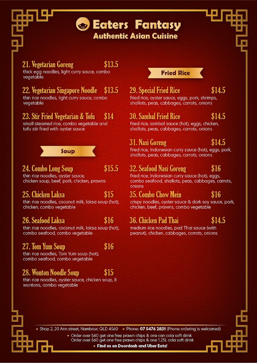 Menu, Eaters Fantasy Asian Food Restaurant