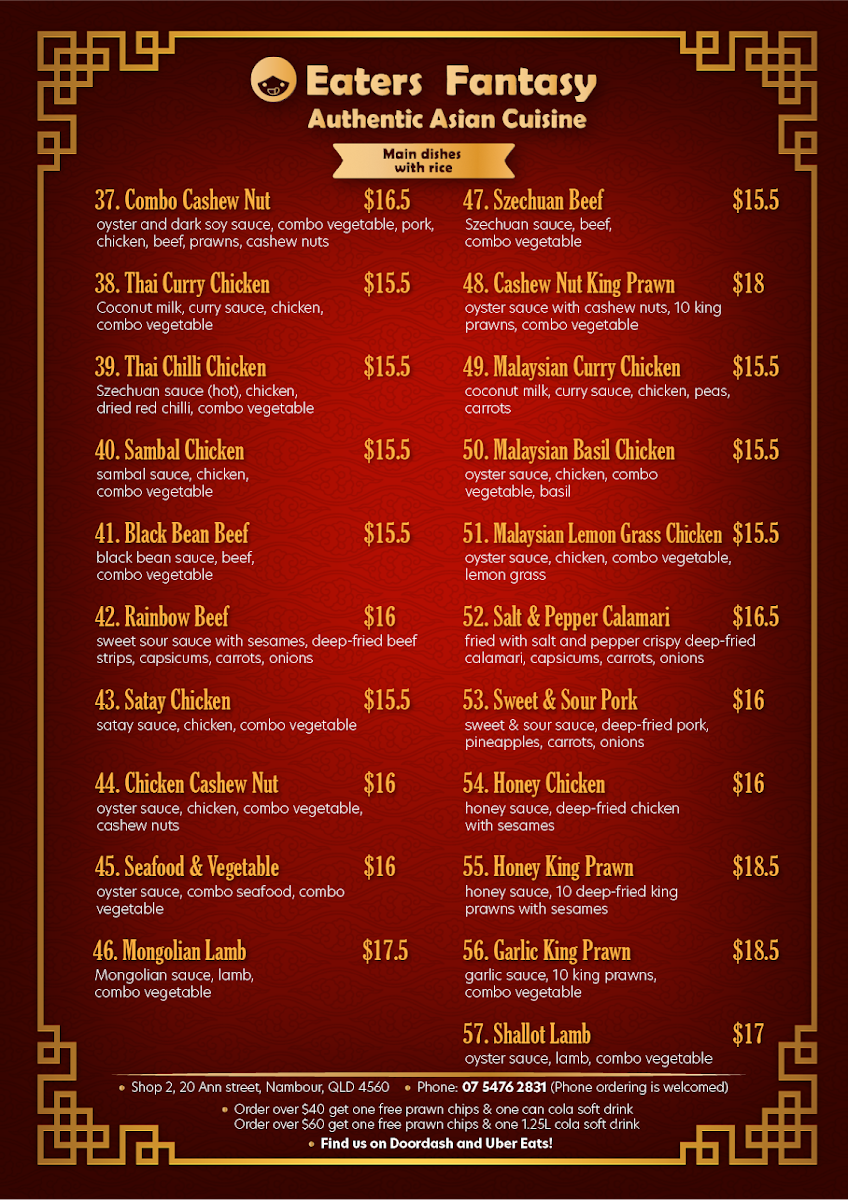 Menu, Eaters Fantasy Asian Food Restaurant