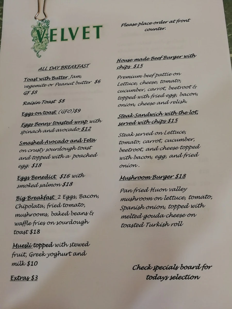 Menu, Velvet