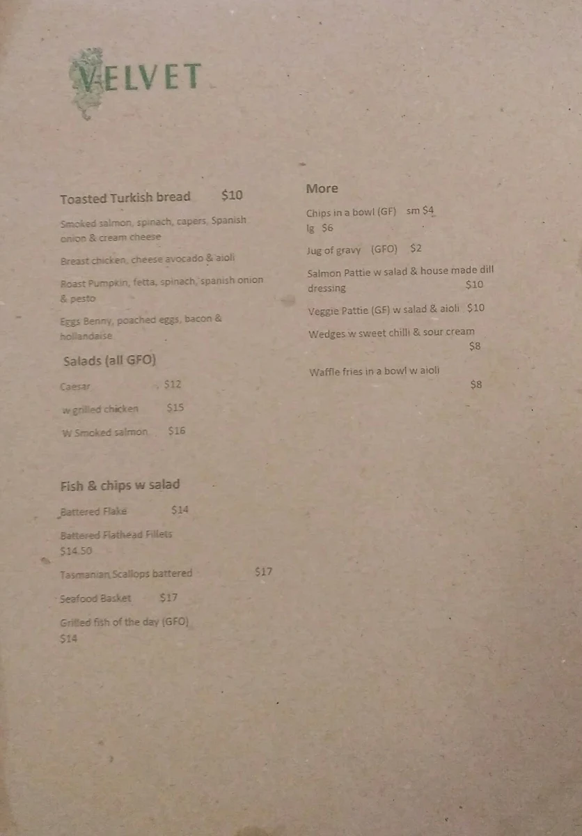 Menu, Velvet
