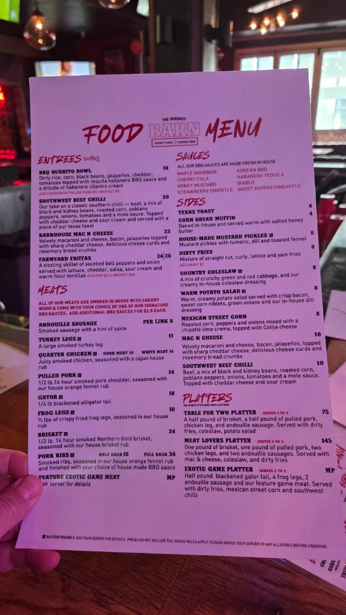 Menu, The Whiskey Barn - Honky Tonk and Smoke BBQ