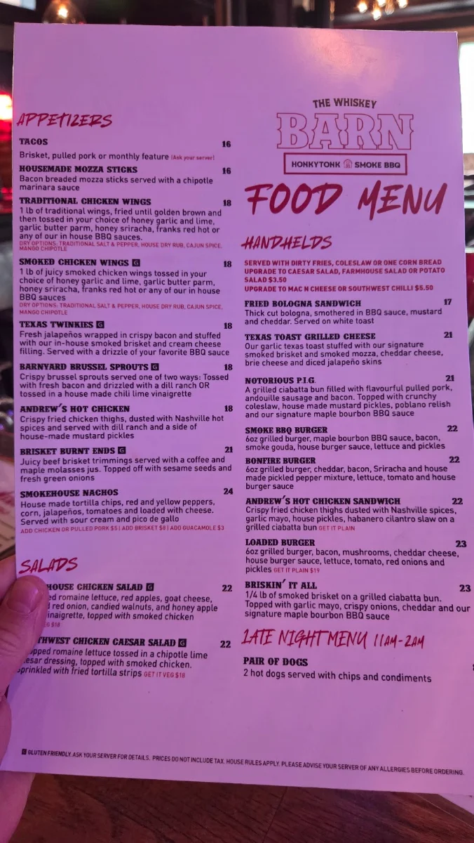 Menu, The Whiskey Barn - Honky Tonk and Smoke BBQ