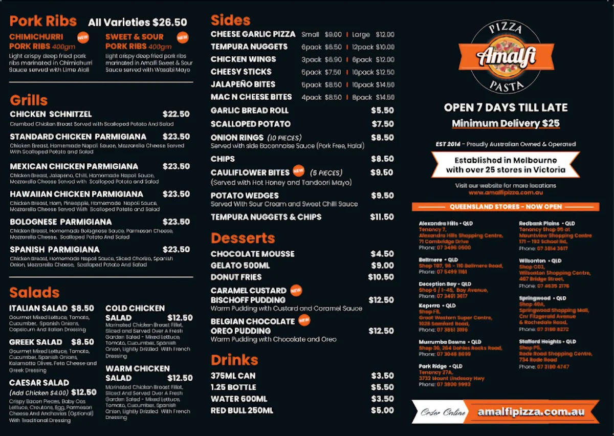 Menu, Amalfi Pizza & Pasta Redbank Plains