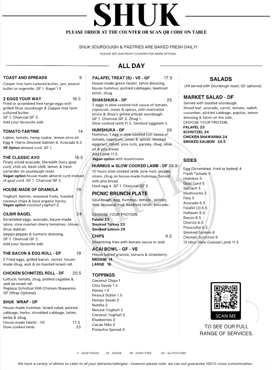 Menu, SHUK Surry Hills