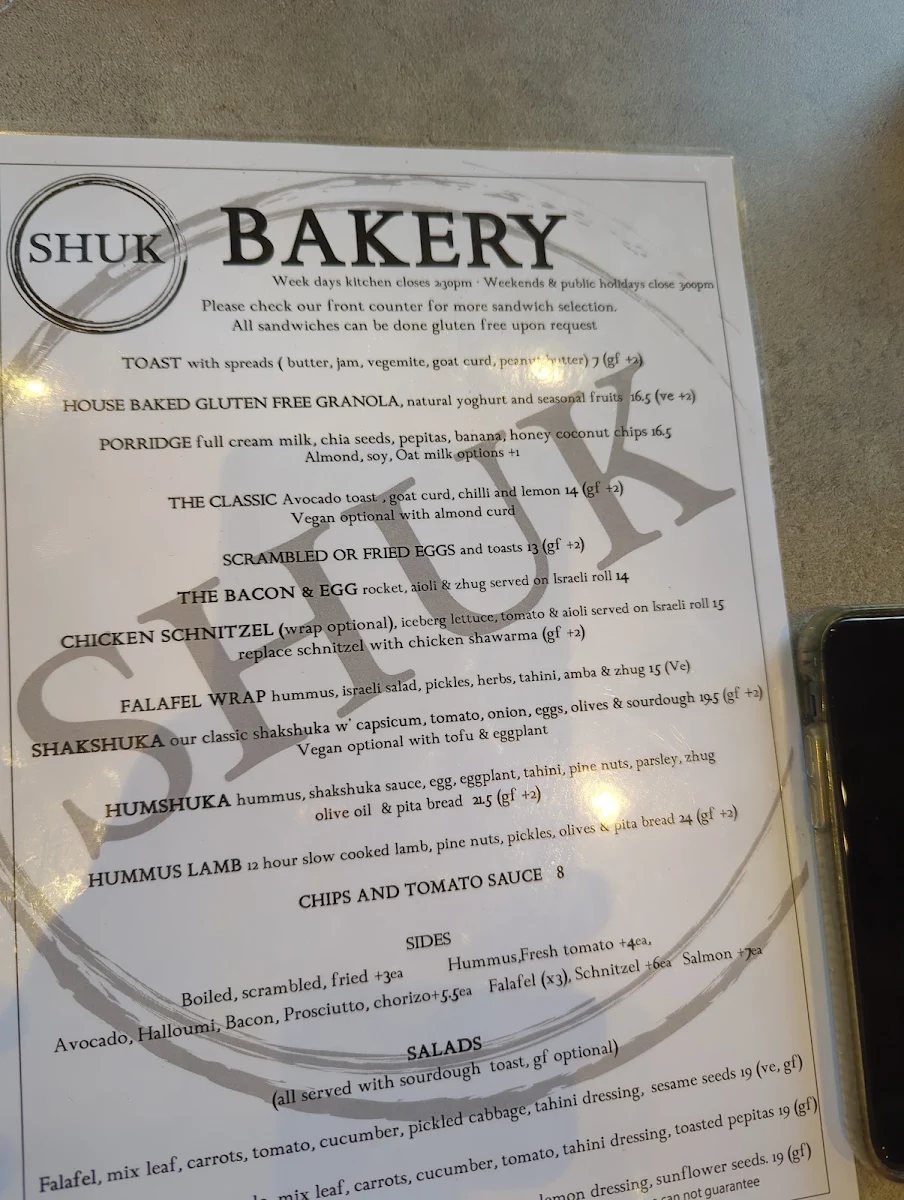 Menu, SHUK Surry Hills