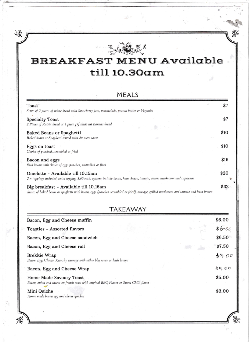 Menu, Molly's Takeaway Cafe