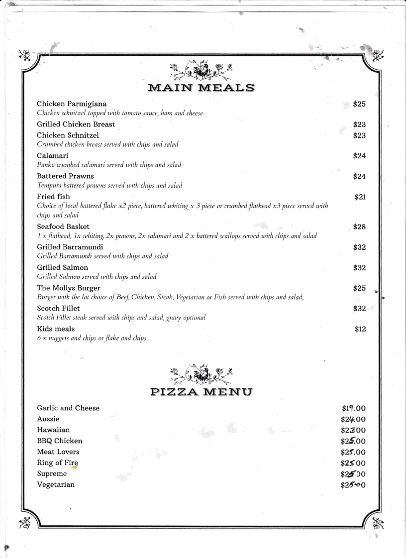 Menu, Molly's Takeaway Cafe