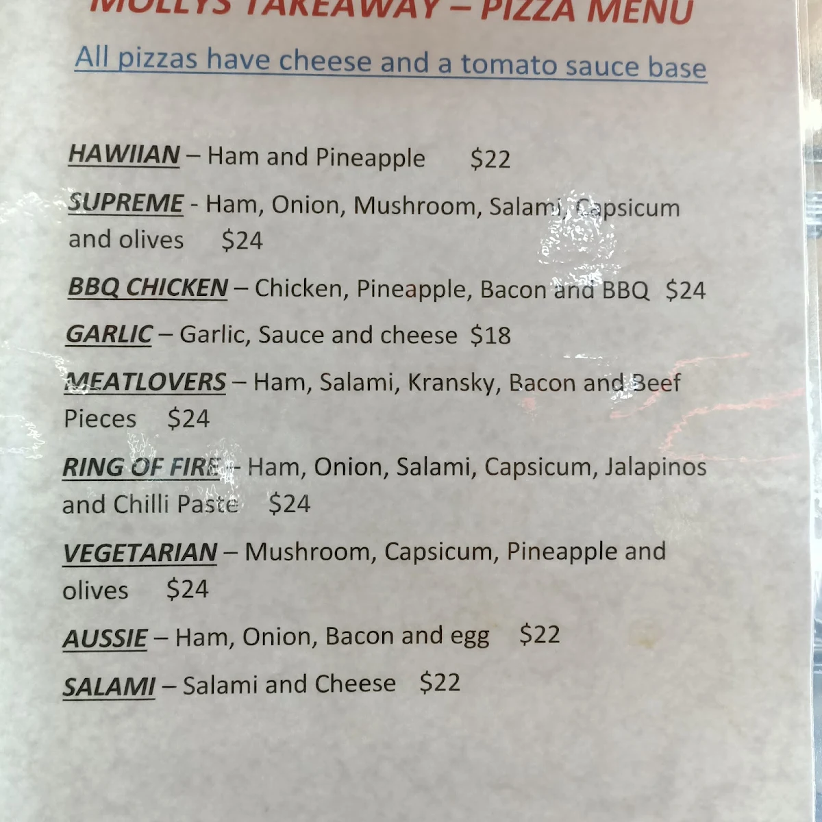 Menu, Molly's Takeaway Cafe