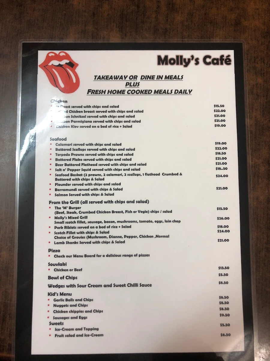 Menu, Molly's Takeaway Cafe