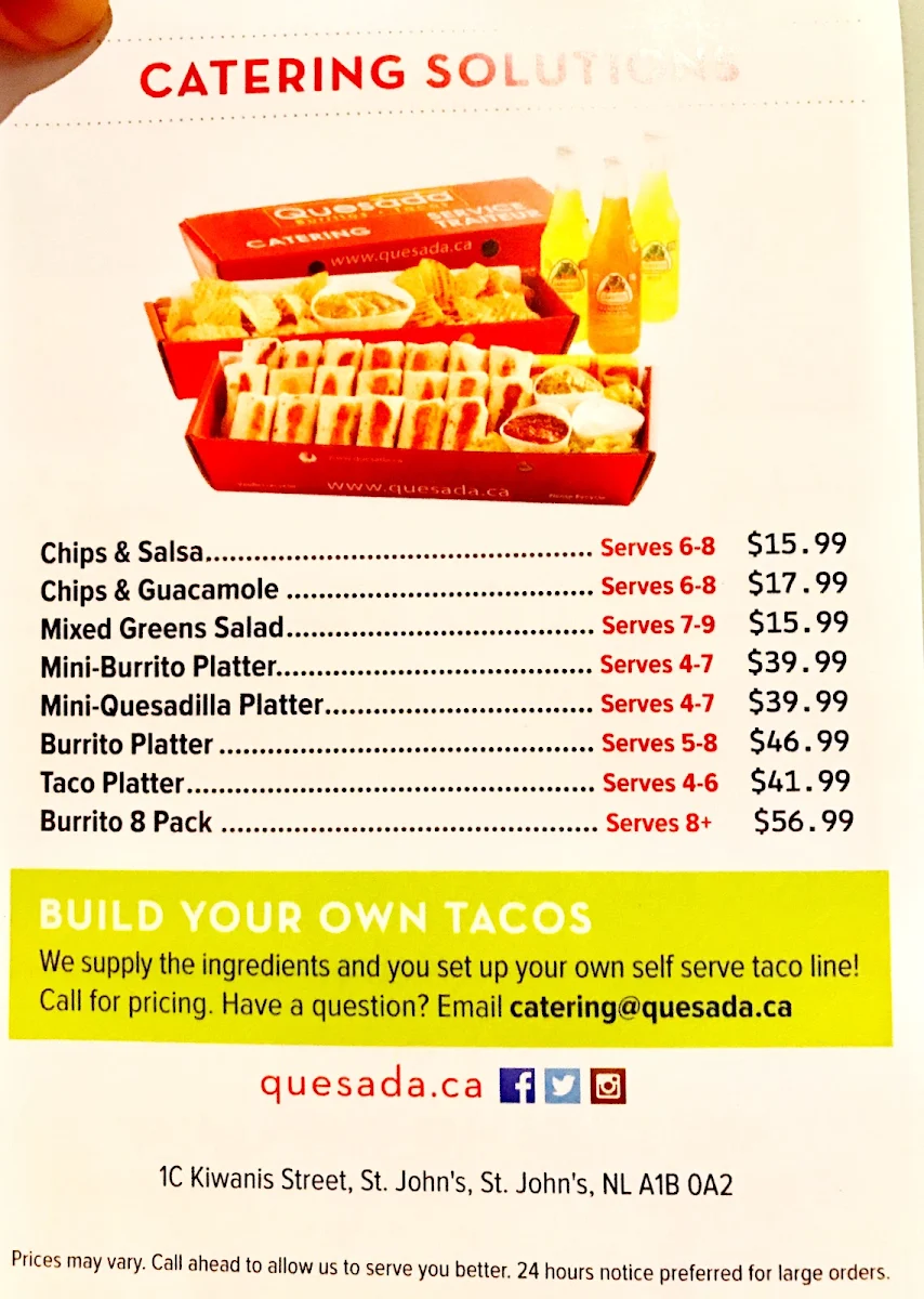Menu, Quesada Burritos & Tacos