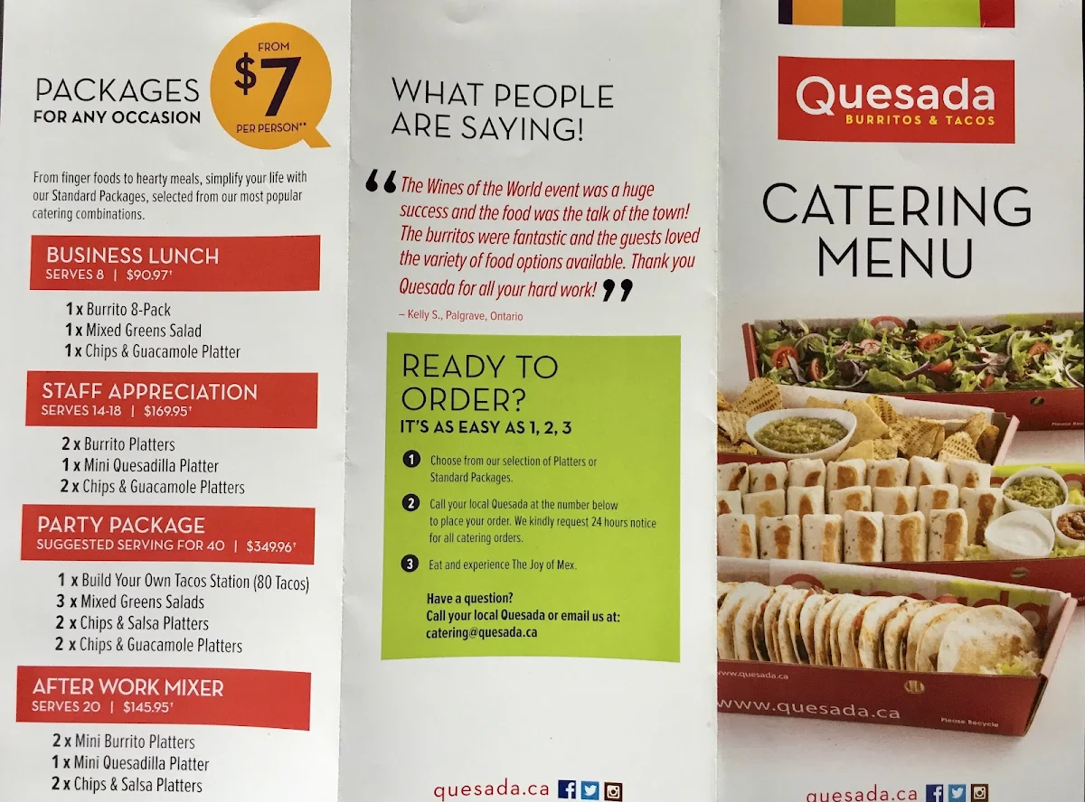 Menu, Quesada Burritos & Tacos
