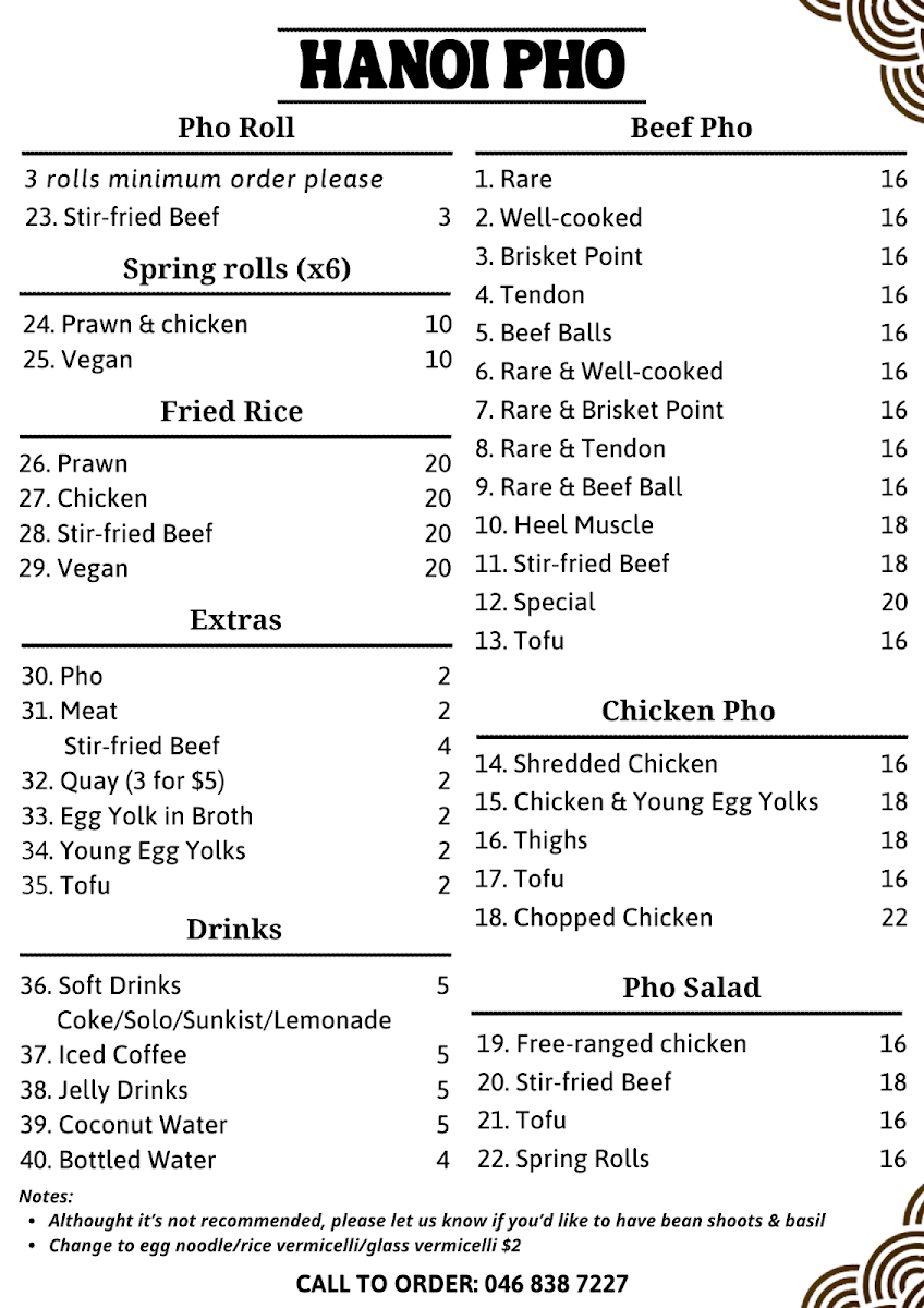 Menu, Hanoi Pho Preston