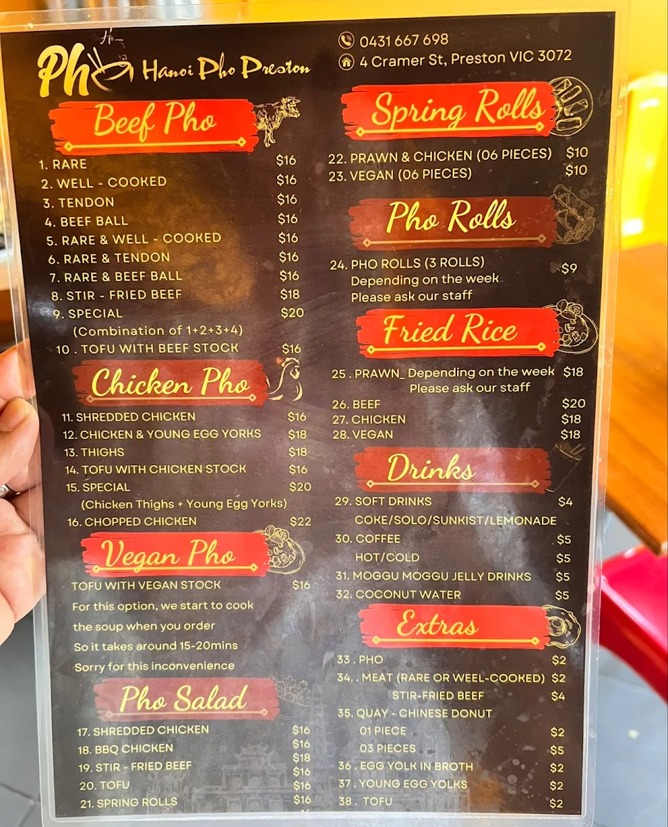 Menu, Hanoi Pho Preston