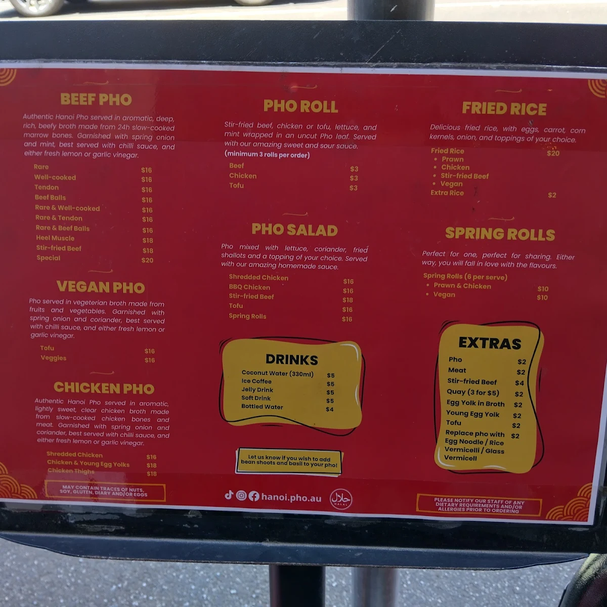 Menu, Hanoi Pho Preston