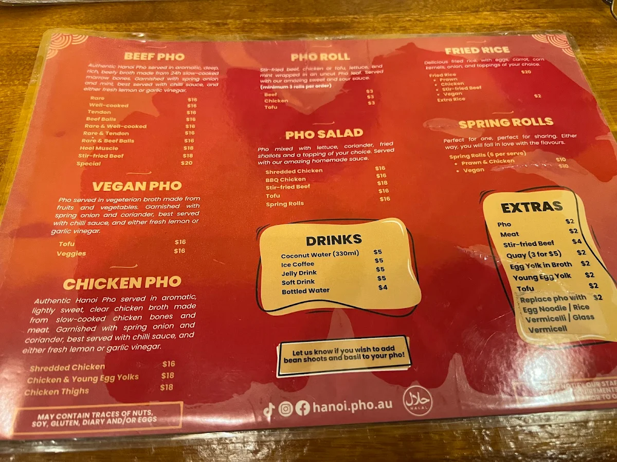 Menu, Hanoi Pho Preston