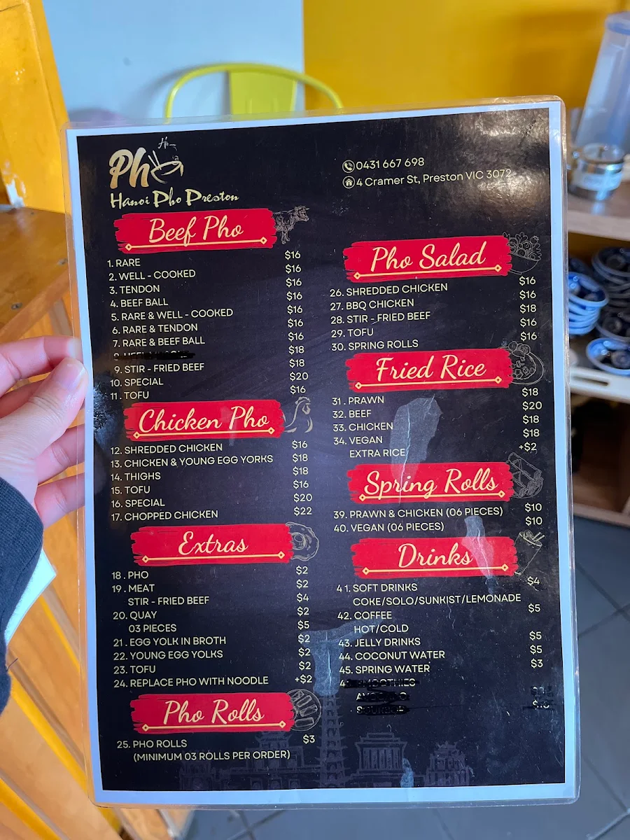 Menu, Hanoi Pho Preston