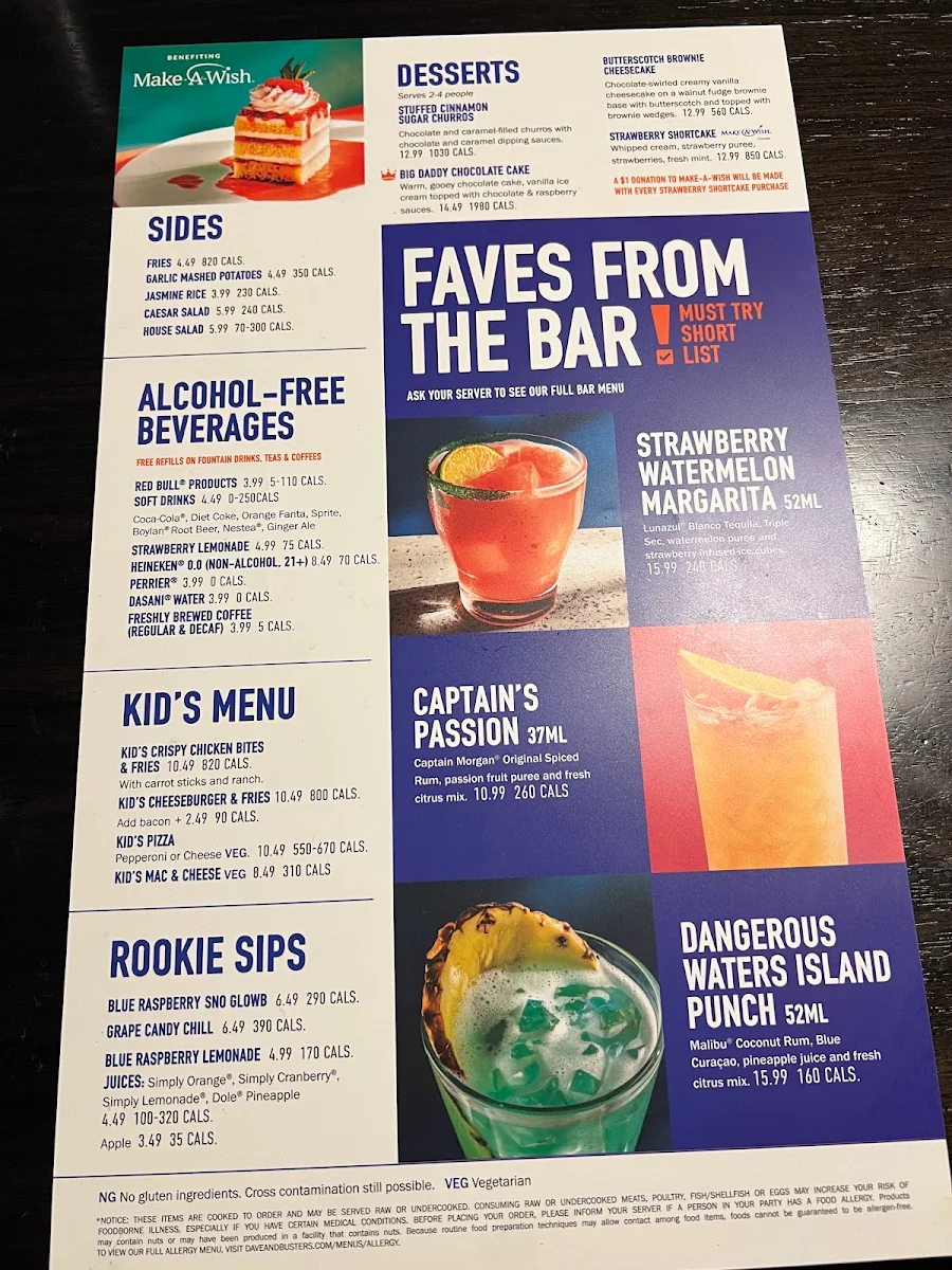 Menu, Dave & Buster's Oakville