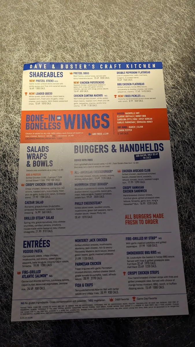 Menu, Dave & Buster's Oakville