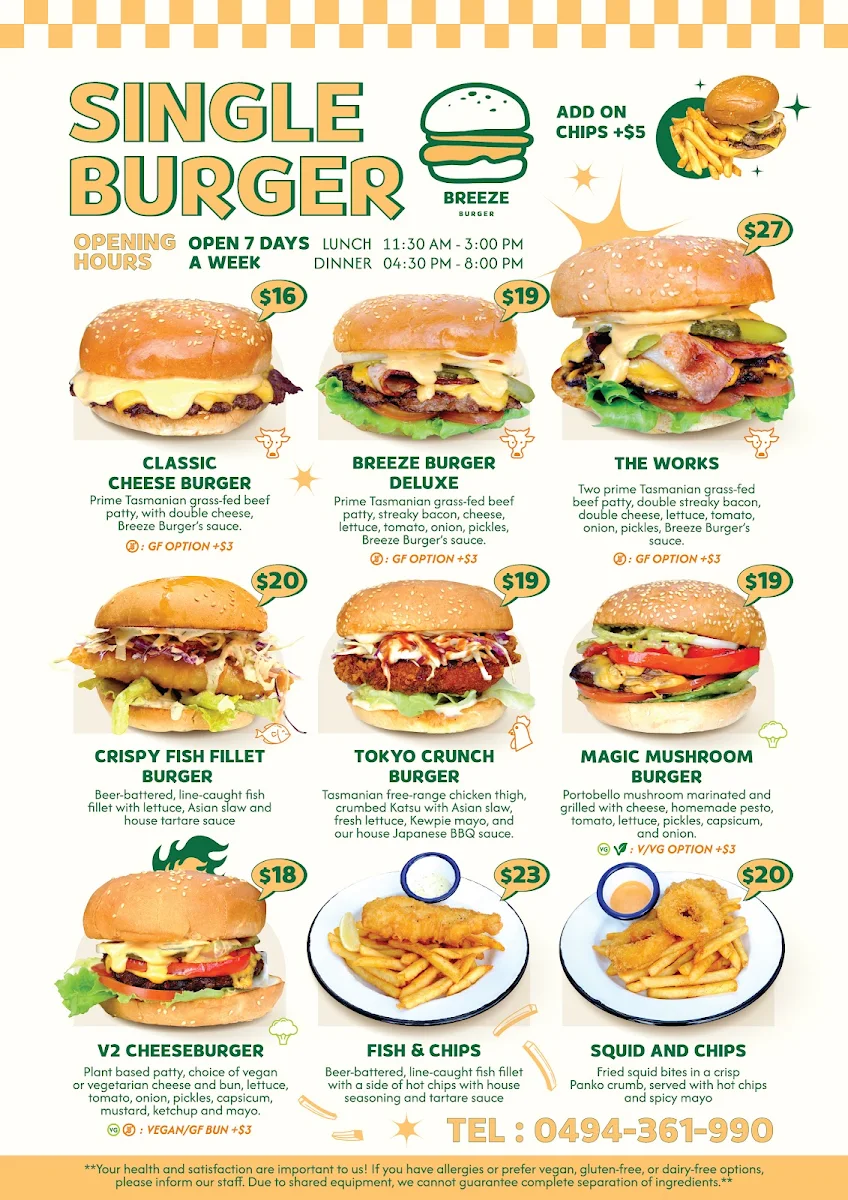 Menu, Breeze Burgers