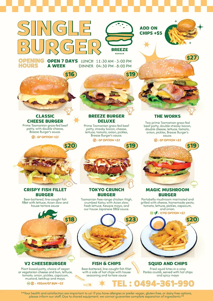 Menu, Breeze Burgers