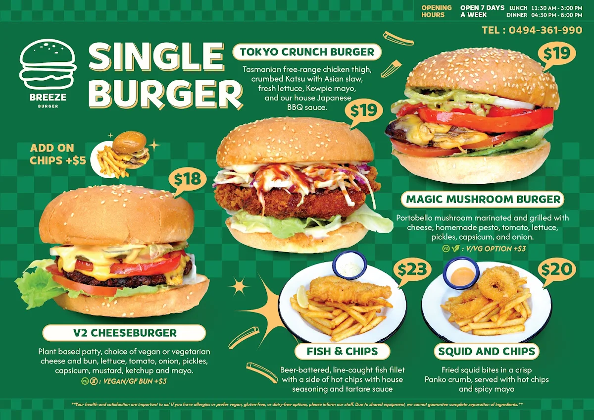 Menu, Breeze Burgers