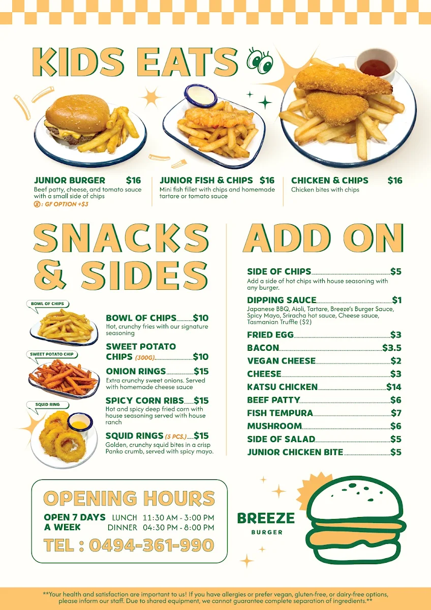 Menu, Breeze Burgers