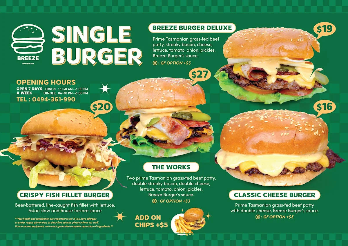 Menu, Breeze Burgers