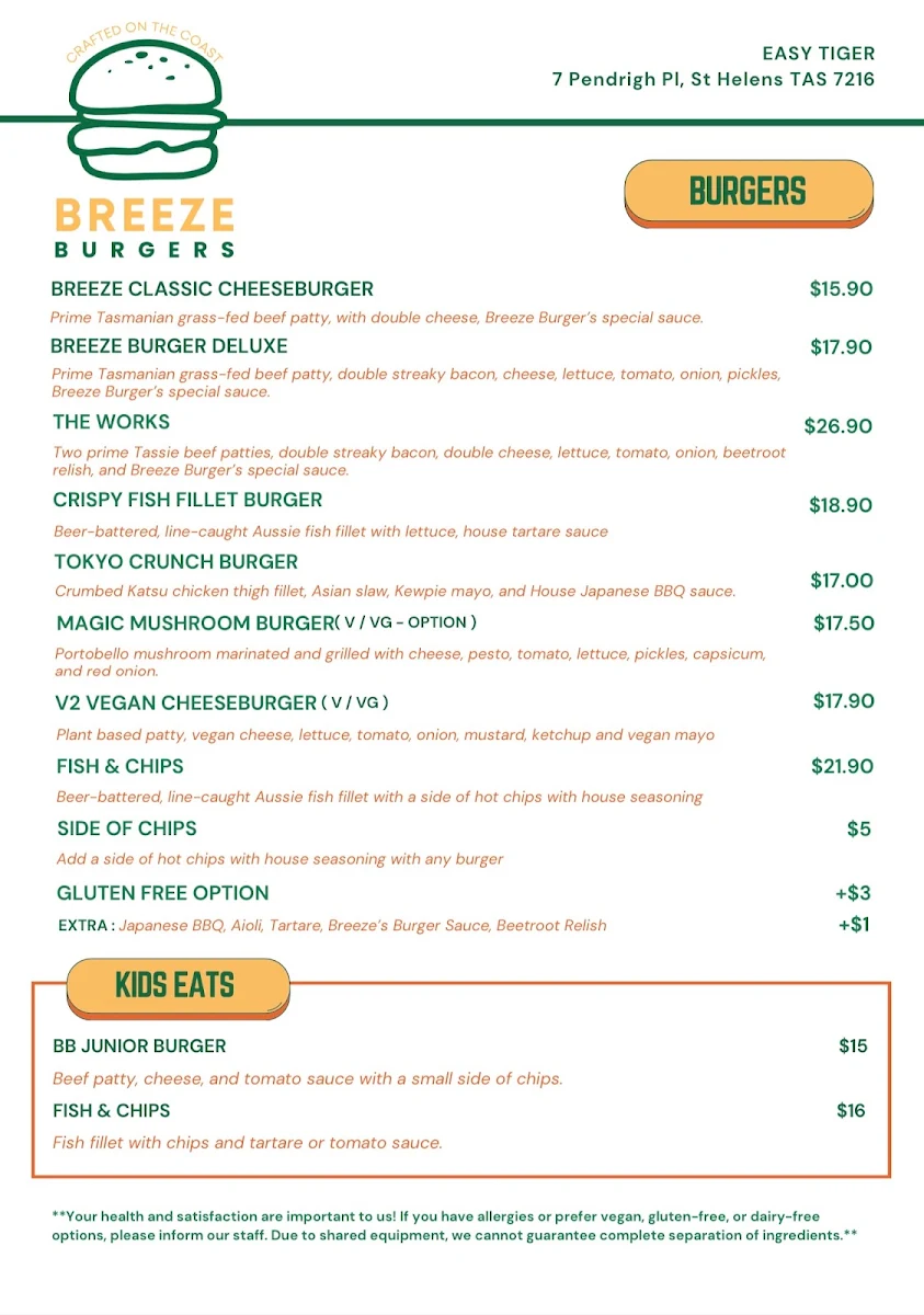 Menu, Breeze Burgers