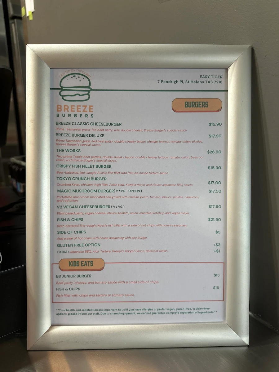 Menu, Breeze Burgers