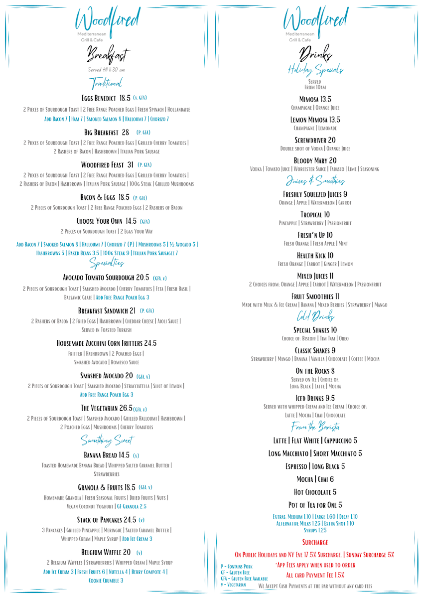Menu, Woodfired Mediterranean Grill & Cafe