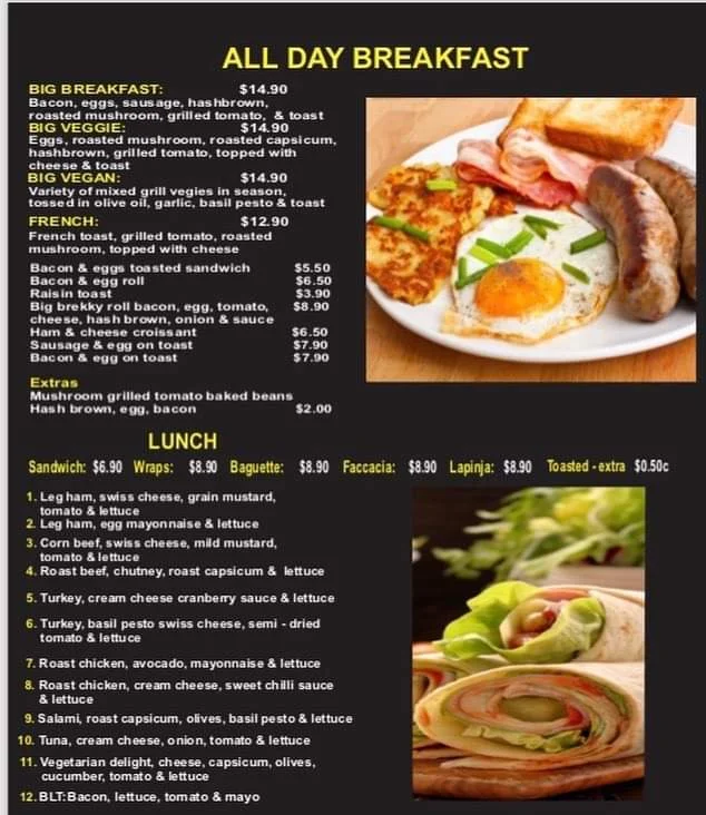 Menu, St. George Bakehouse Café Pizzeria