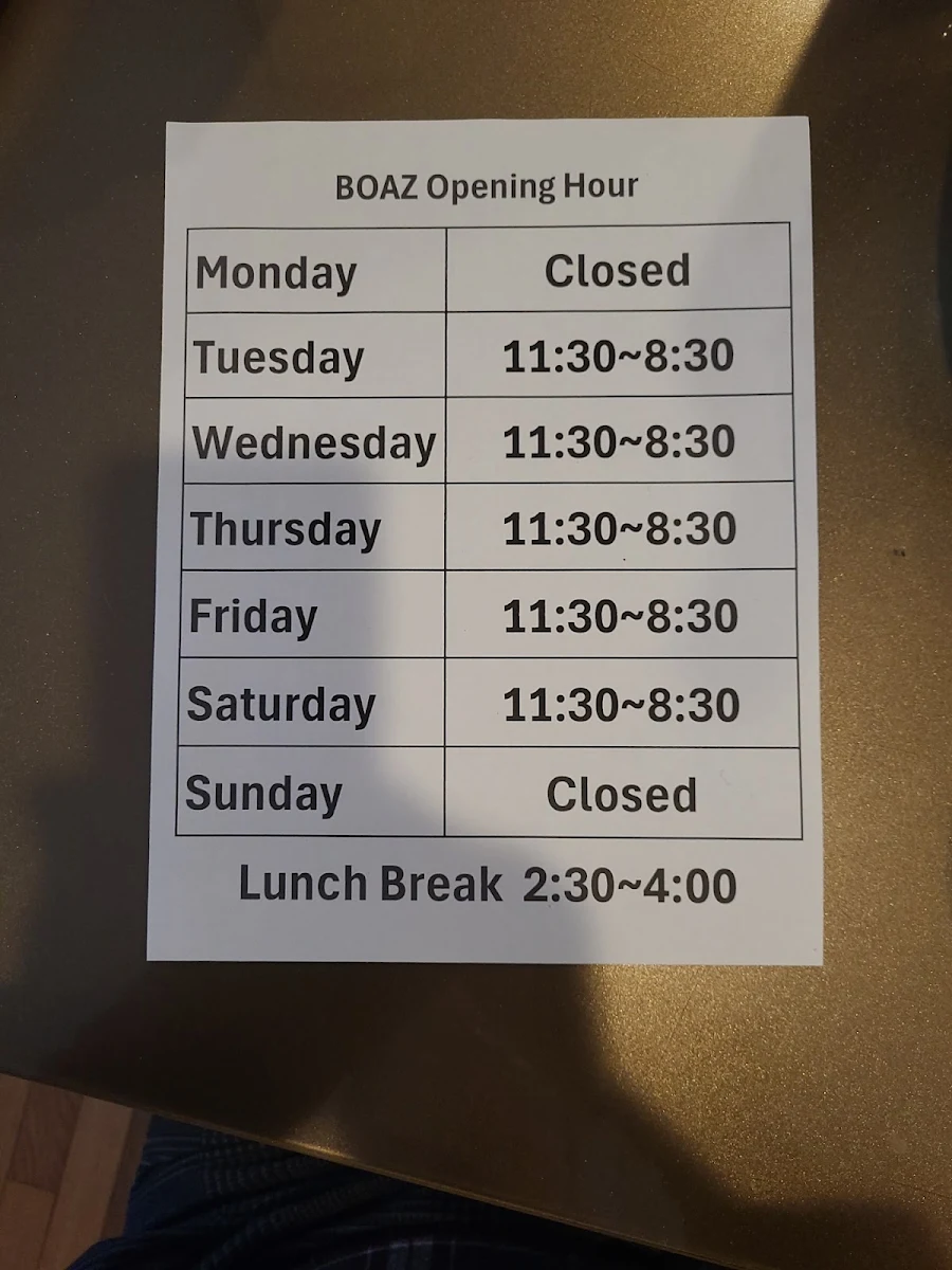 Menu, Boaz Restaurant