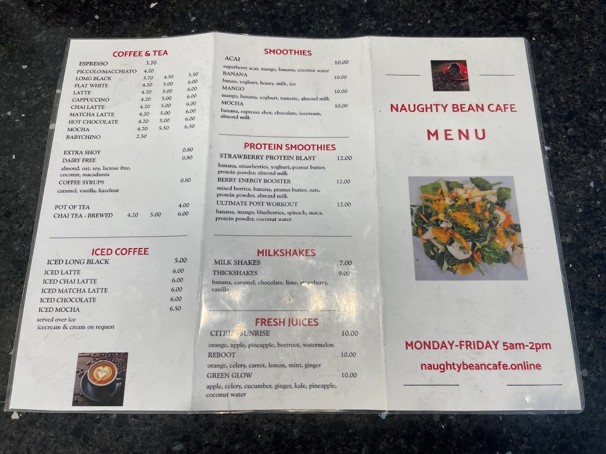 Menu, Naughty Bean Cafe