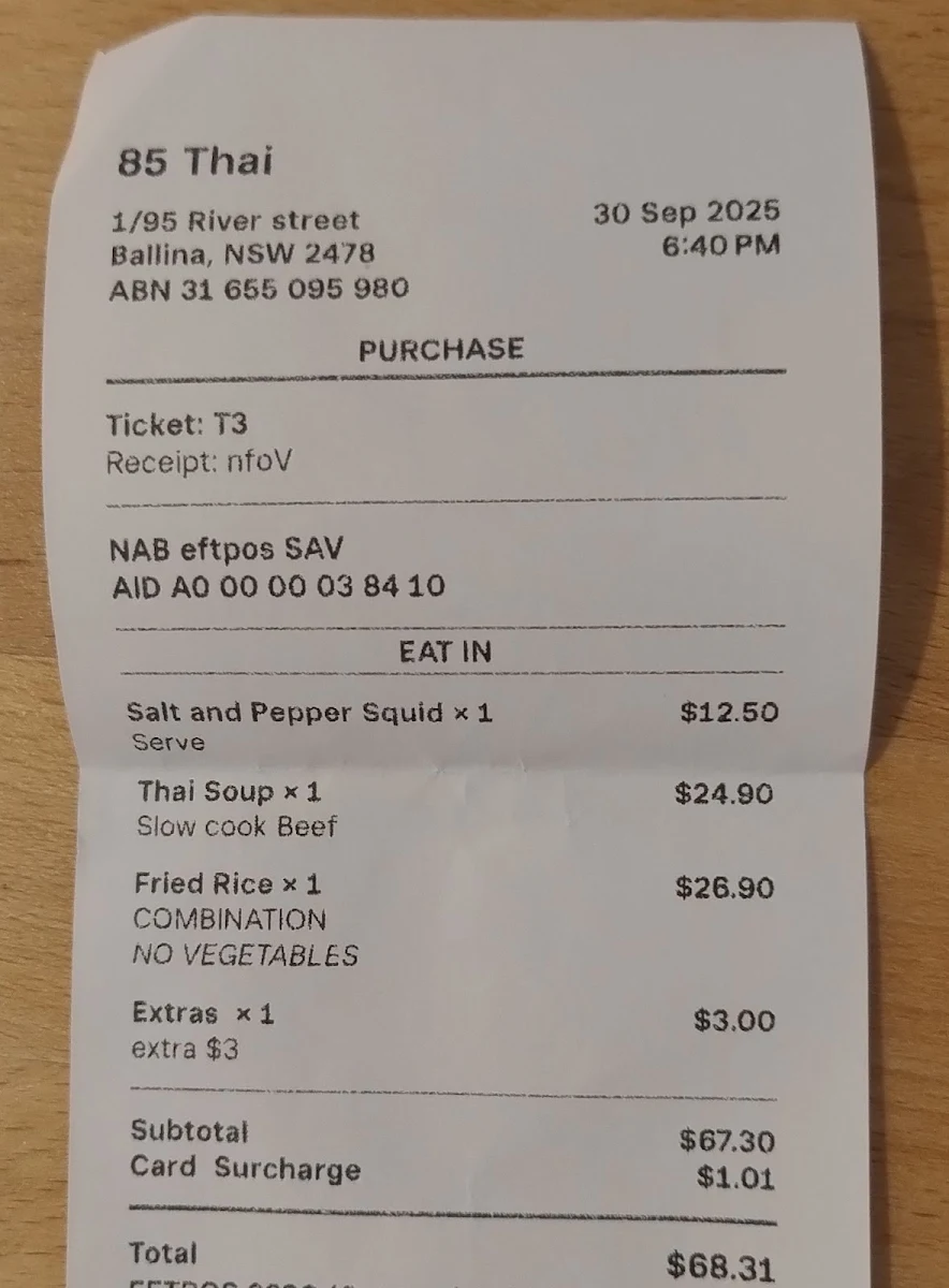 Menu, 85 Thai