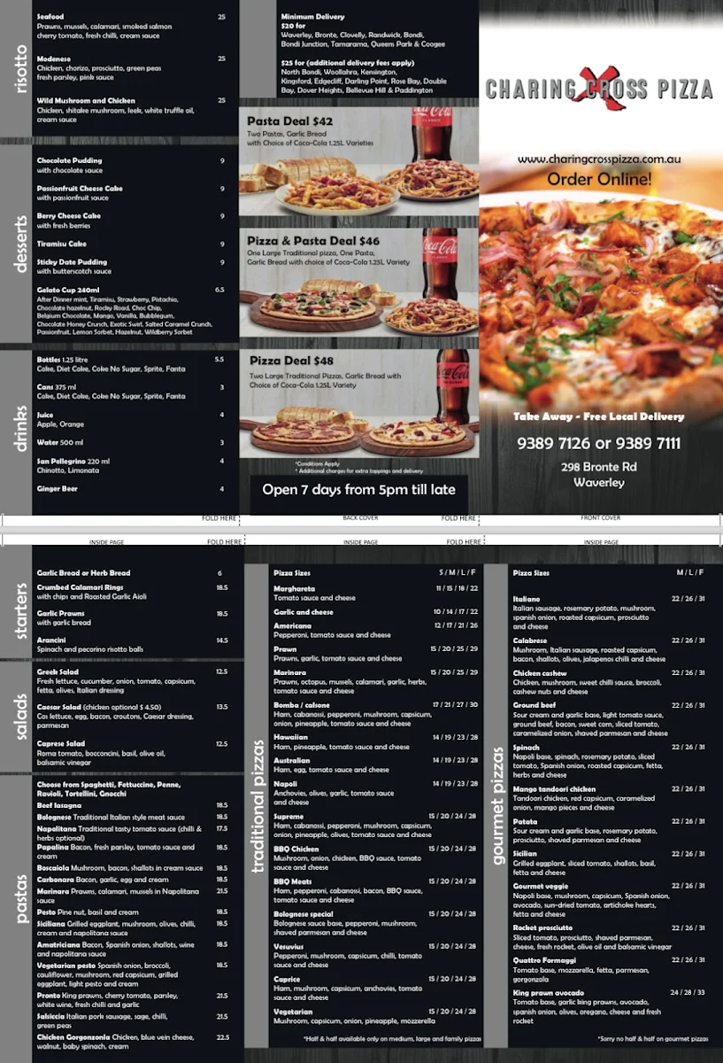 Menu, Charing Cross Pizza