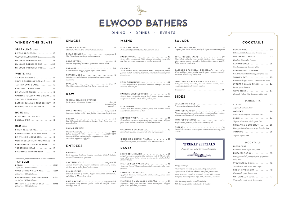 Menu, Elwood Bathers