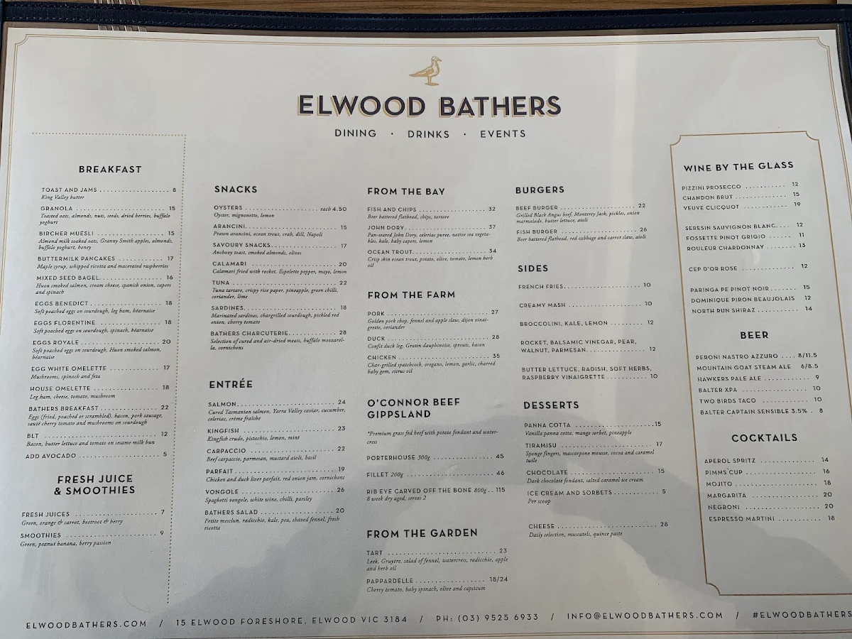 Menu, Elwood Bathers