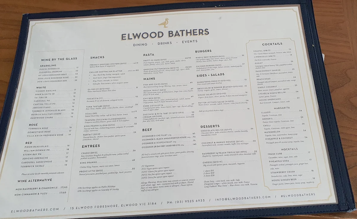Menu, Elwood Bathers