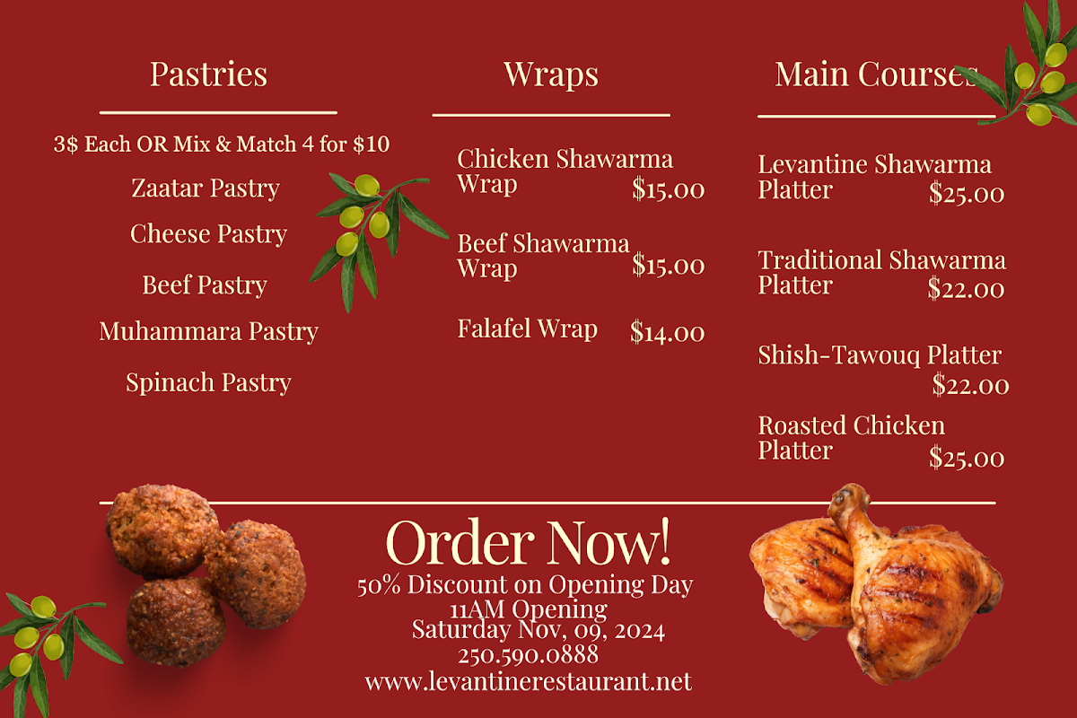 Menu, Levantine Middle Eastern Restaurant