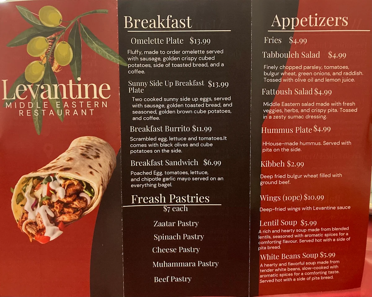 Menu, Levantine Middle Eastern Restaurant