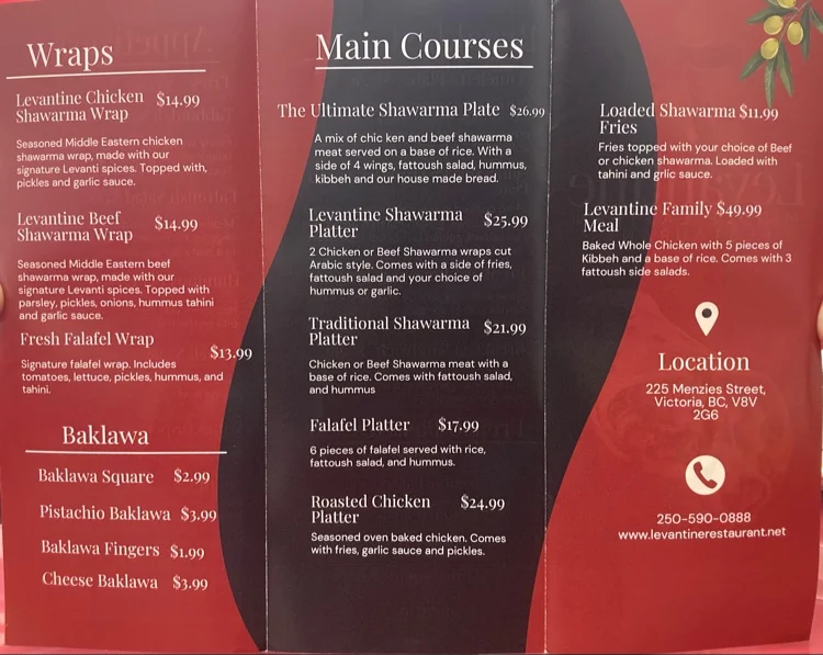 Menu, Levantine Middle Eastern Restaurant