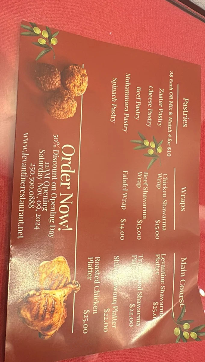 Menu, Levantine Middle Eastern Restaurant
