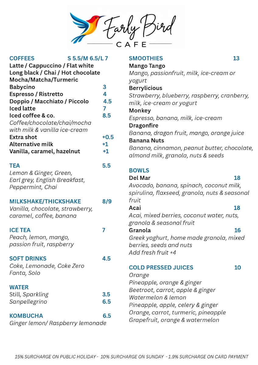 Menu, Early Bird - Magnetic Island