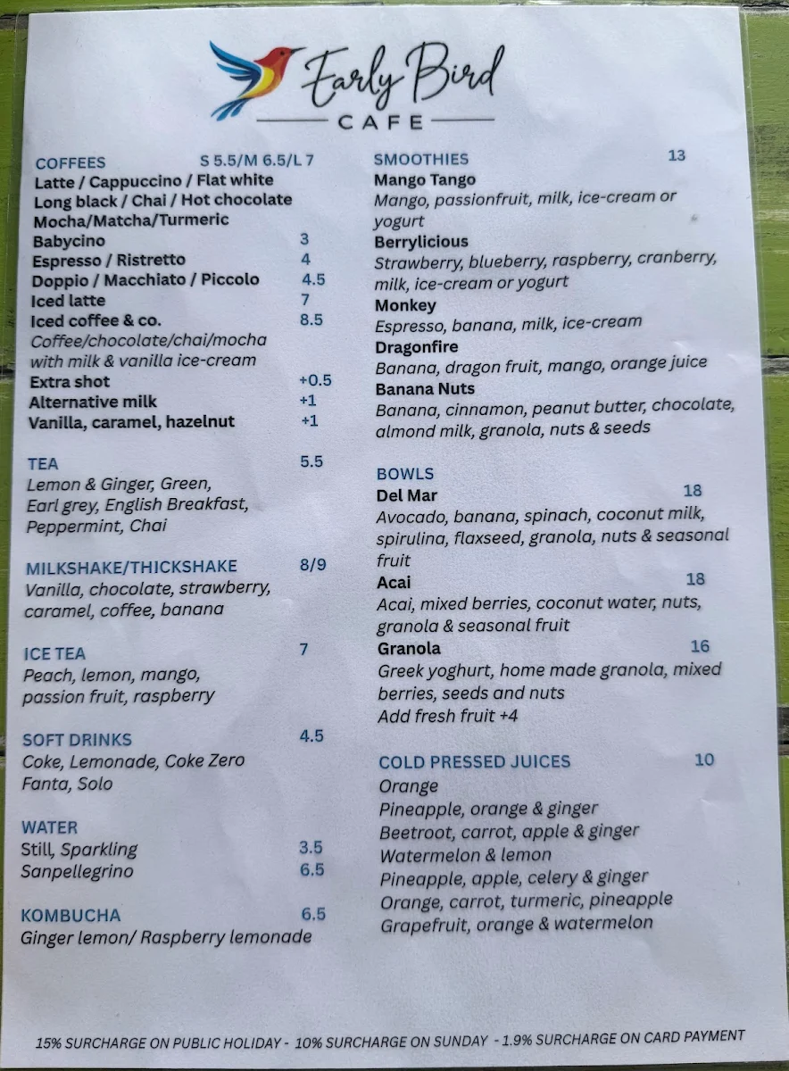 Menu, Early Bird - Magnetic Island